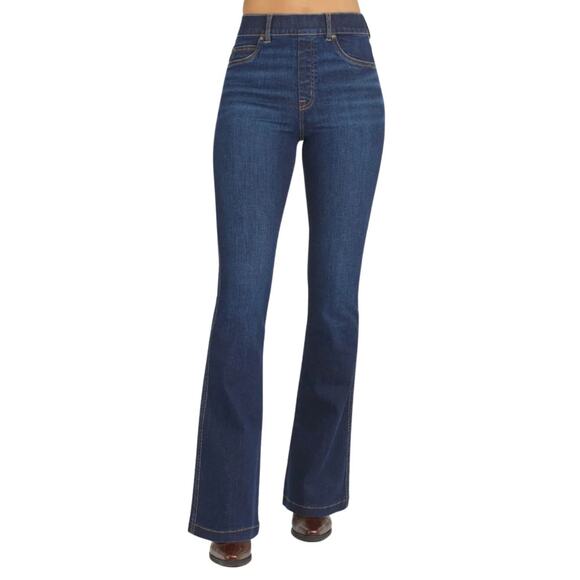 Spanx Flare Jeans Midnight Blue Shade Pull On Mid Rise Slim Fit Womens Size S - Picture 1 of 11